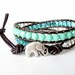 Elephant wrap bracelet, opaque turquoise, teal and crystal AB Czech glass beads on brown leather, wrap cuff bracelet, good luck bracelet