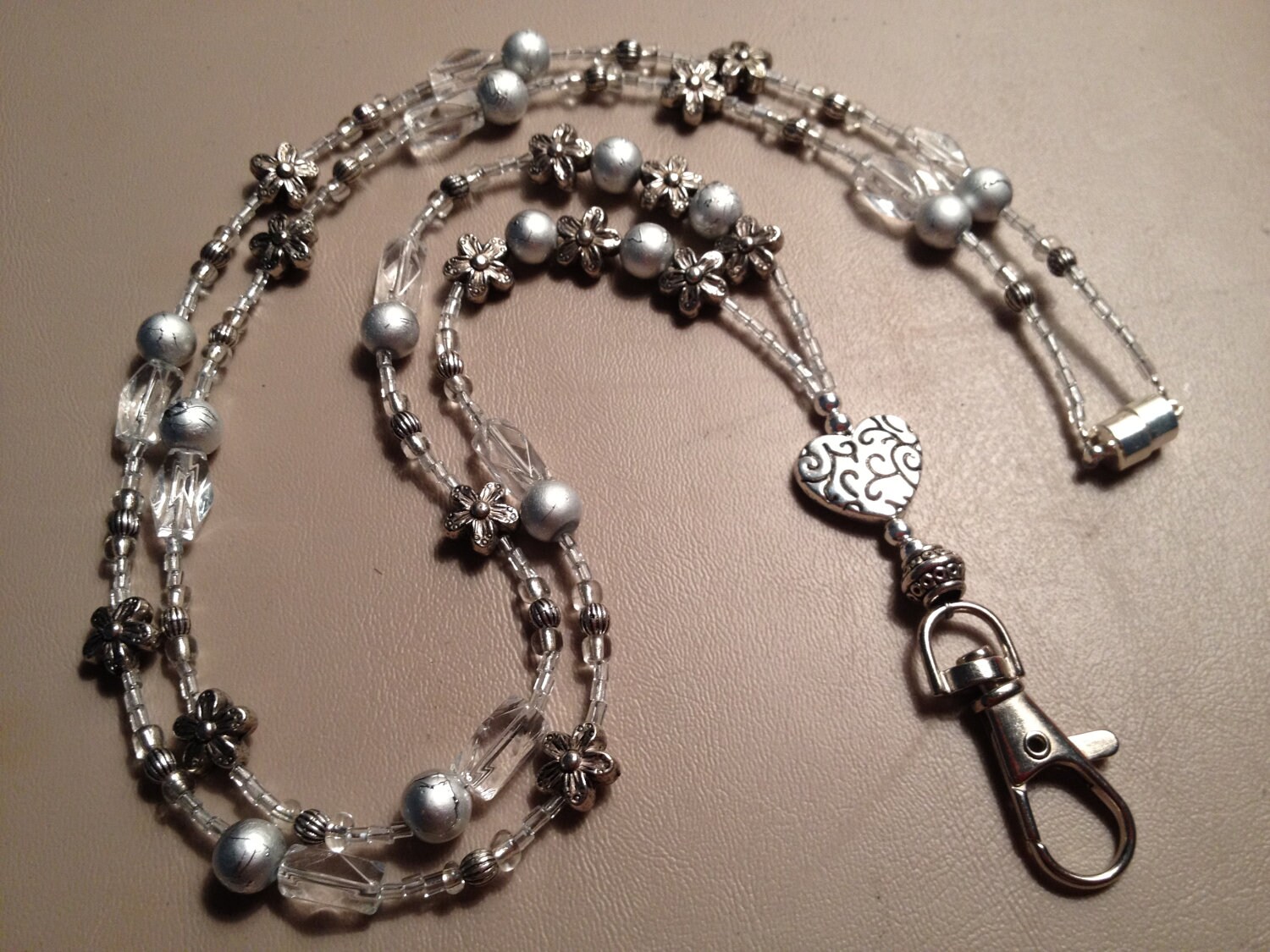 Breakaway Beaded ID Badge Lanyard Clear & Silver tone Beads