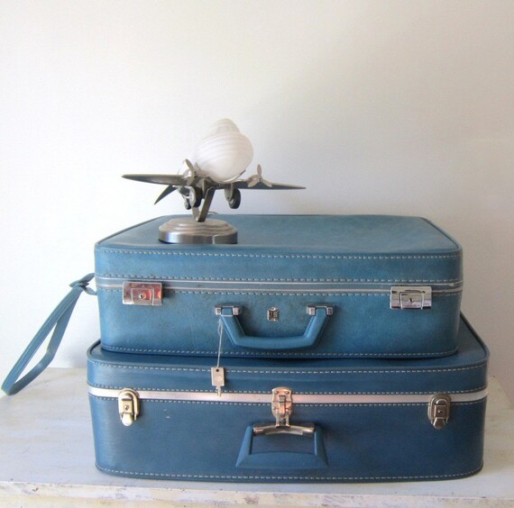 Midcentury Modern Suitcase Luggage Wheeled Suitcase Blue
