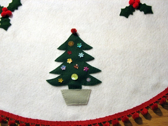 christmas trees and holly white felt tree skirt red pom pom christmas trees and holly white felt tree skirt red pom pom
