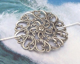 Silver Shawl Pin, Filigree Shawl Pin, silver scarf pin, oxidized, flower, floral, fall fashion, silver filled, round