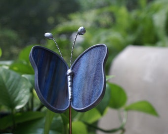 Stained Glass, Blue,Purple,White and Brown Mixed Opalescent Butterfly Garden Plant Stake