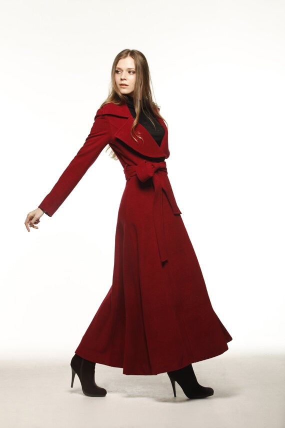 Wine Red Coat Big Lapel Women Wool Winter Coat by Sophiaclothing