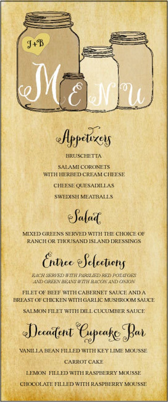 SET OF 25 Rustic Elegance Mason Jar Menus Flat Style custom