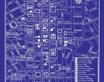 1949 Vintage Map of Downtown Dallas Blueprint Map Print Poster