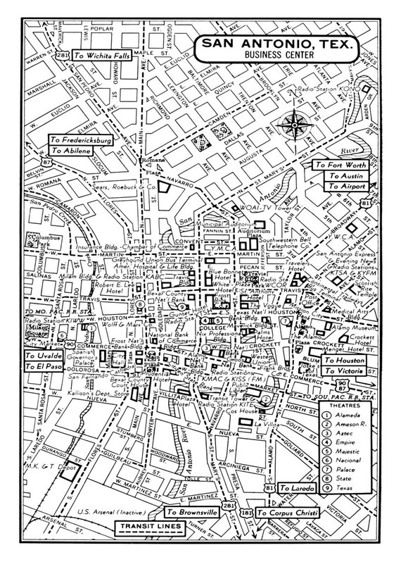 1949 Vintage Map of San Antonio Texas Print Poster