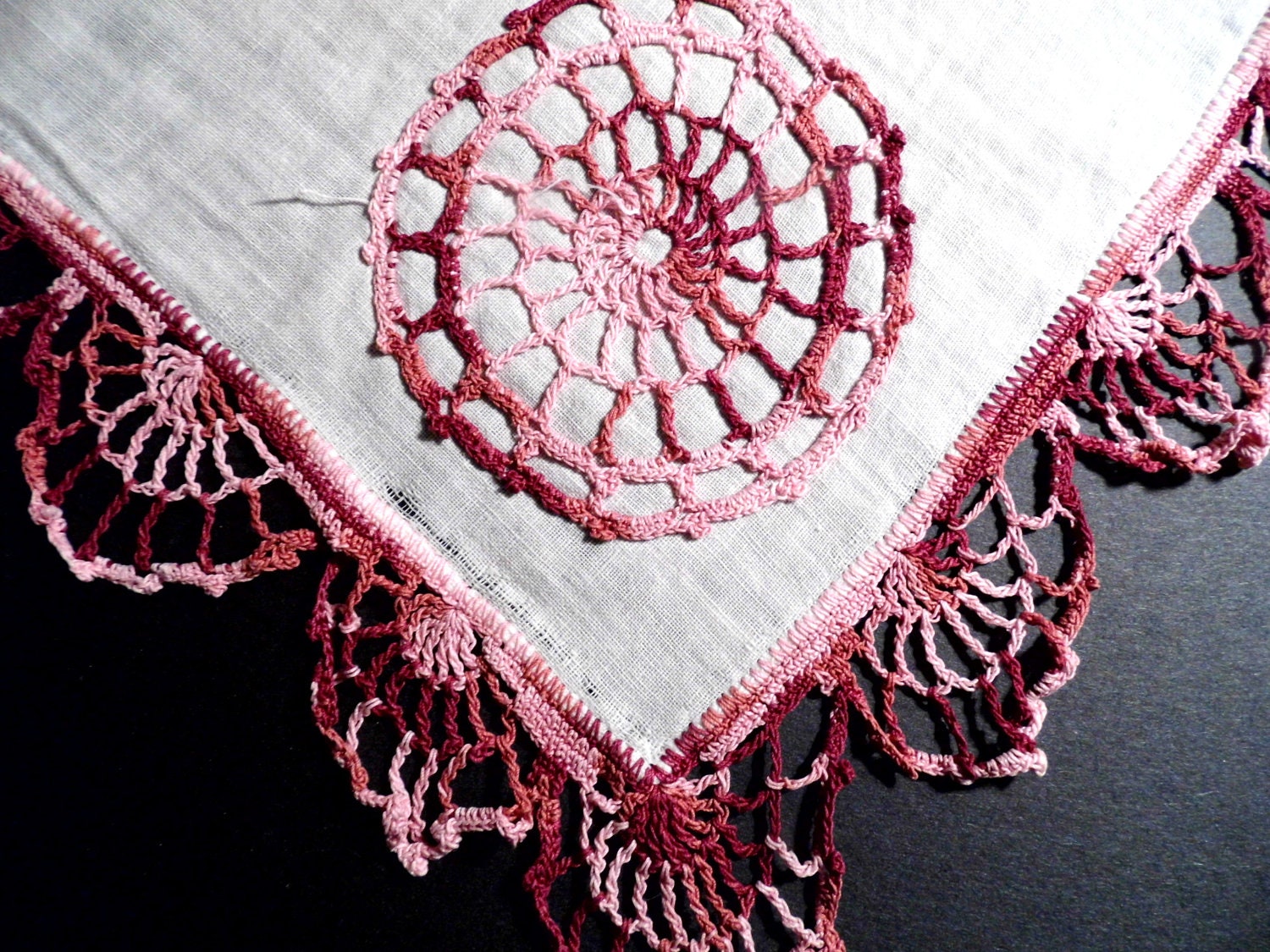 Crochet Handkerchief, Vintage Hankie, Crocheted Hankerchief, Maroon