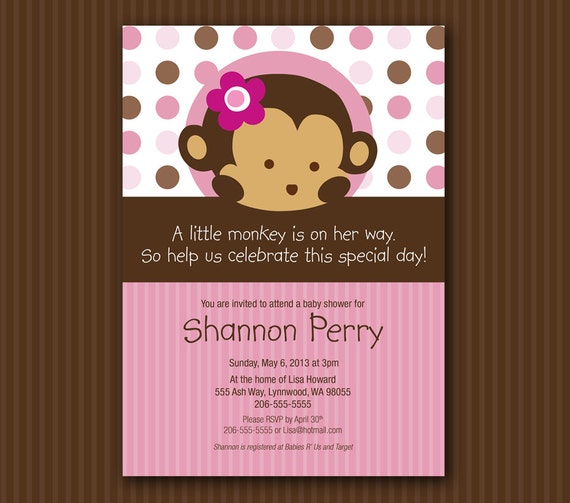 Pink Monkey Baby Shower Invitations 1