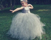 Silver Flower Girl Tutu Dress Platinum Grey with Ivory Rose - Lily of the Valley - in Twilight