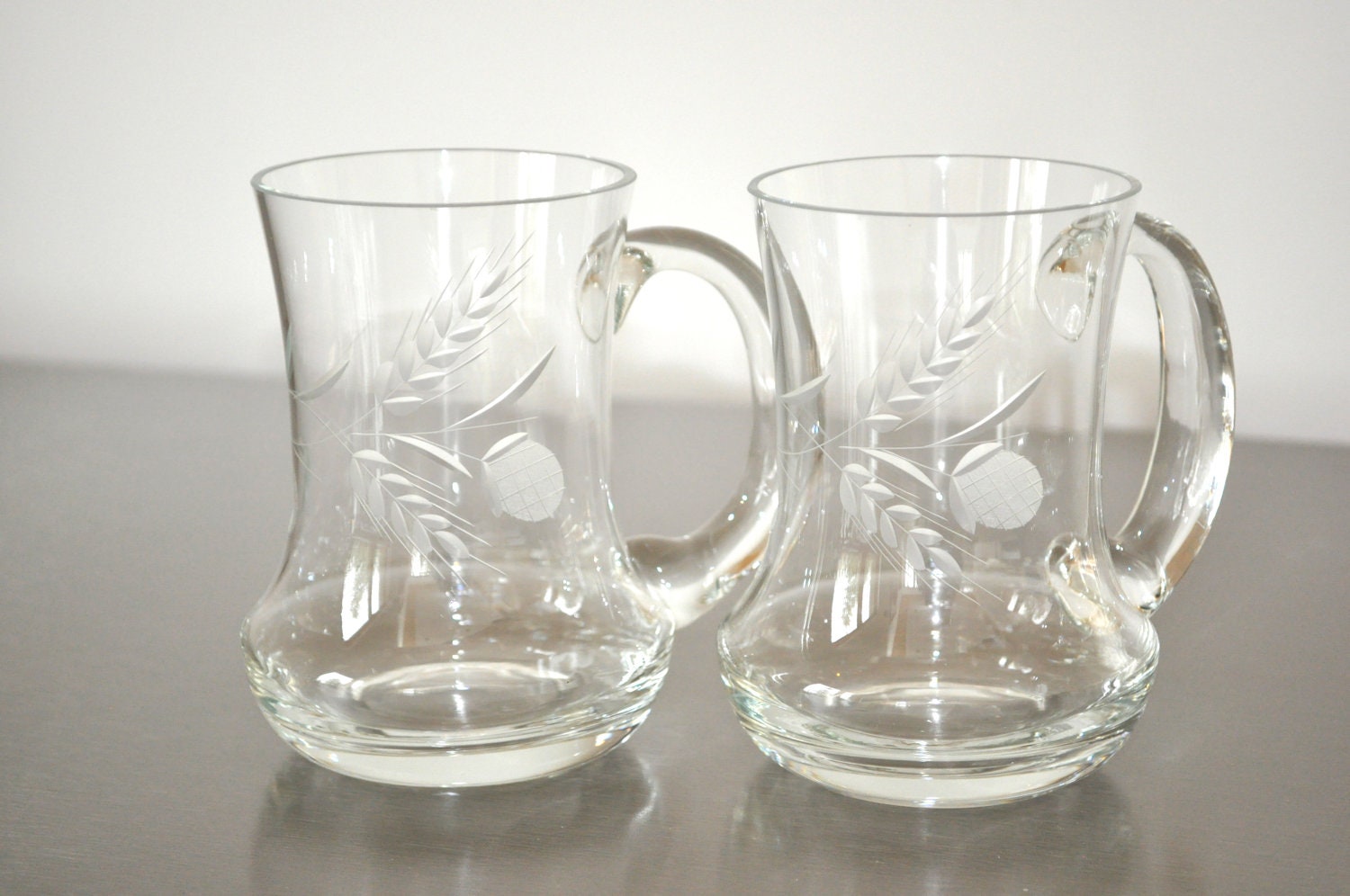 Vintage Scottish Thistle Beer Glasses Mugs Etched Set of 2