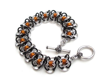 Chainmaille bracelet, orange & black bracelet