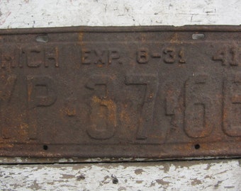 Vintage License Plate Michigan 1941 Rusty Rusted Rust Old Distressed Salvaged Metal Antique License Plate