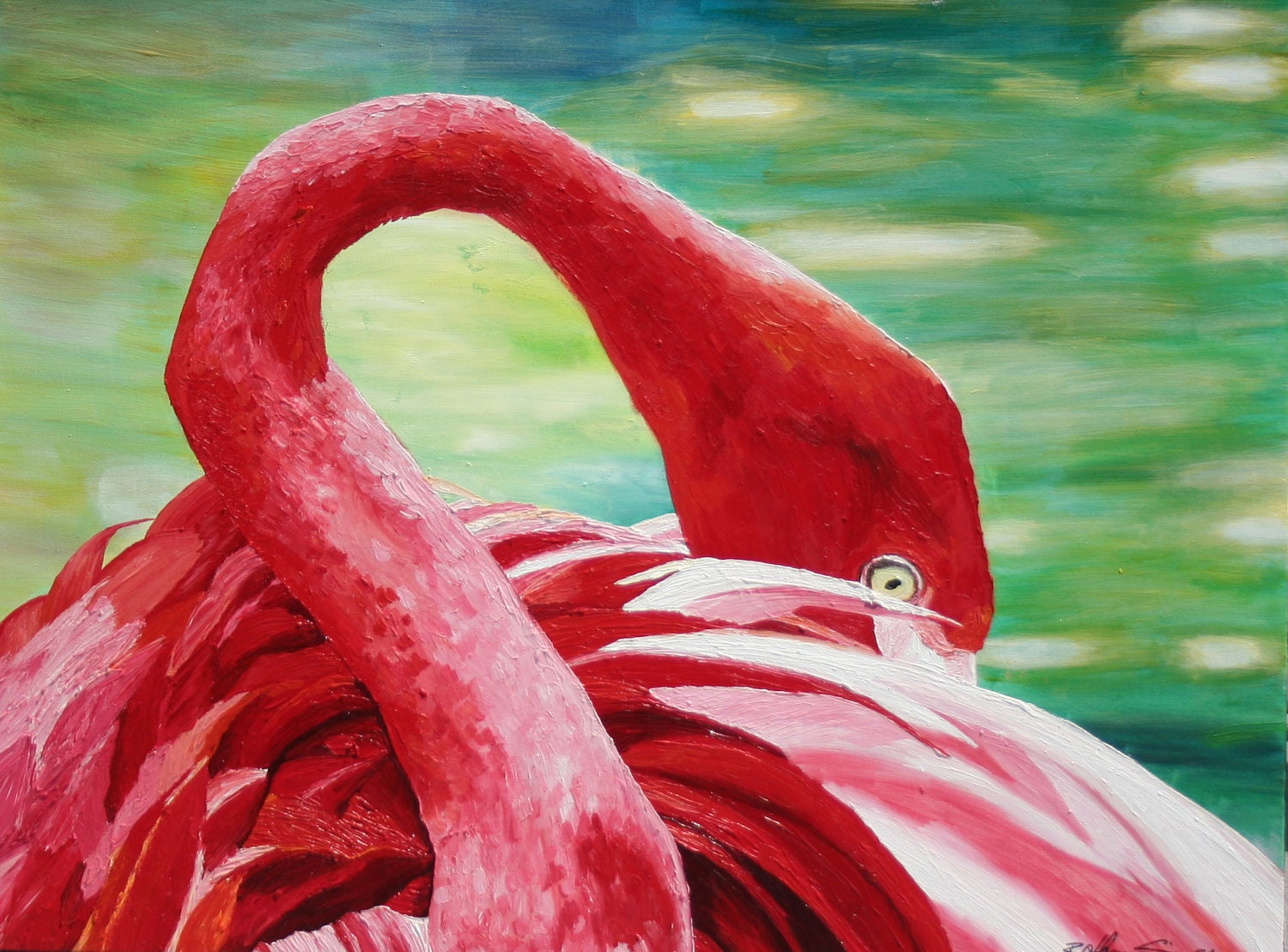 Pink Flamingo Oil Painting Original Art 18x24 ready to