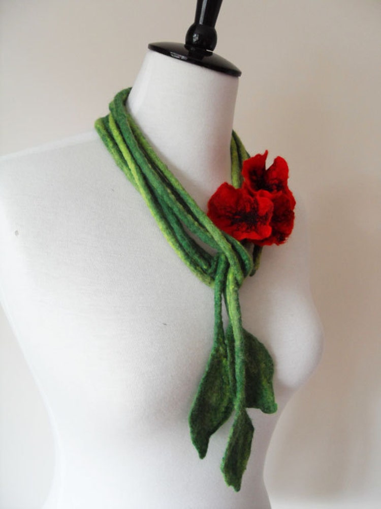 Fiber Felt Necklace Poppy Flower Bib Necklace by softadditions