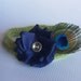 deep blue with peacock feather newborn crochet baby halo headband, soft green band, sparkly gem center, photo prop