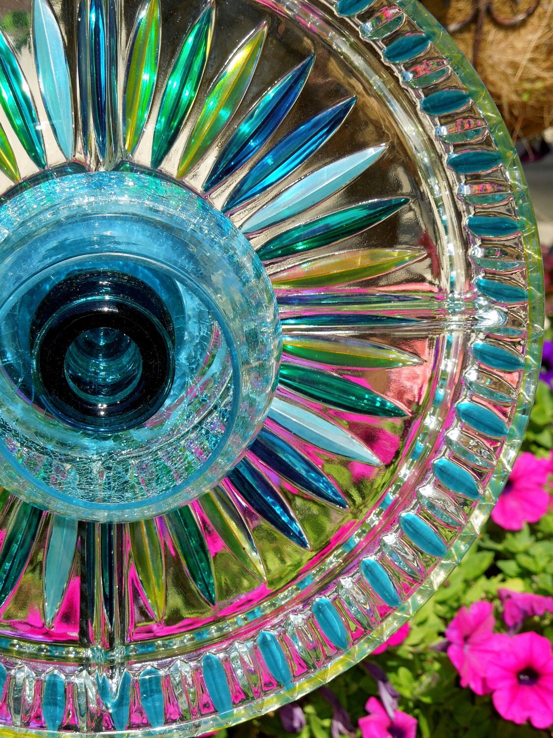 GARDEN stakes YARD sun catcher glass plate flower