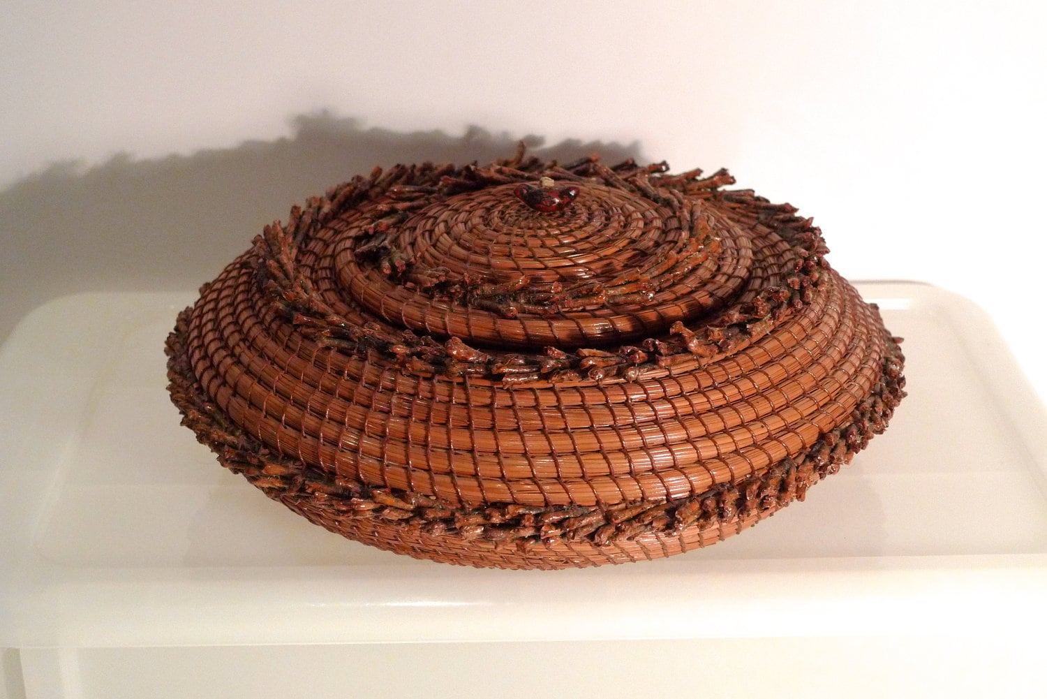 Woven coiled Basket Pine Needle Lidded Basket Folk Art Cottage