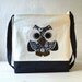 Vegan Crossbody, Mini Messenger bag. Tote bag,Owl Applique "Rocko" navy and white linen.Made To Order.