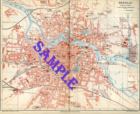 1896 Vintage Map of Breslau Germany from antique German