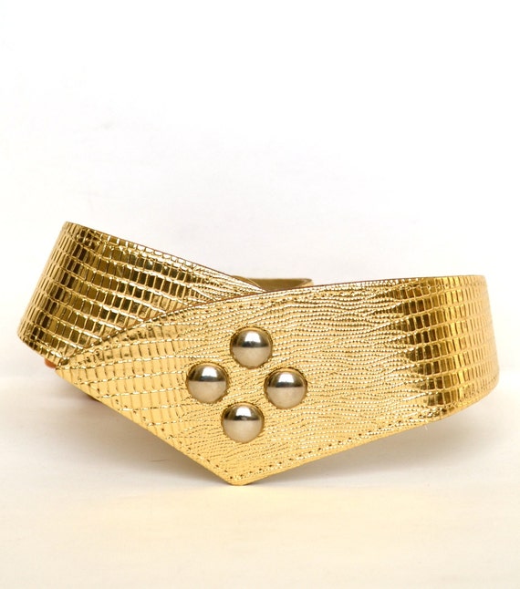 Vintage 80s Gold Metallic Studded V Shape Belt S M