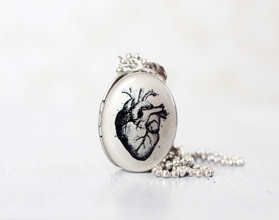 Anatomical Heart Locket Necklace - Brass Antique Anatomy Print Locket Necklace
