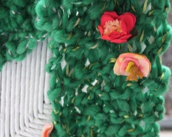 Hand Knit Bulky Scarf in Green with flowers,Super Soft Handspun Wool Yarn
