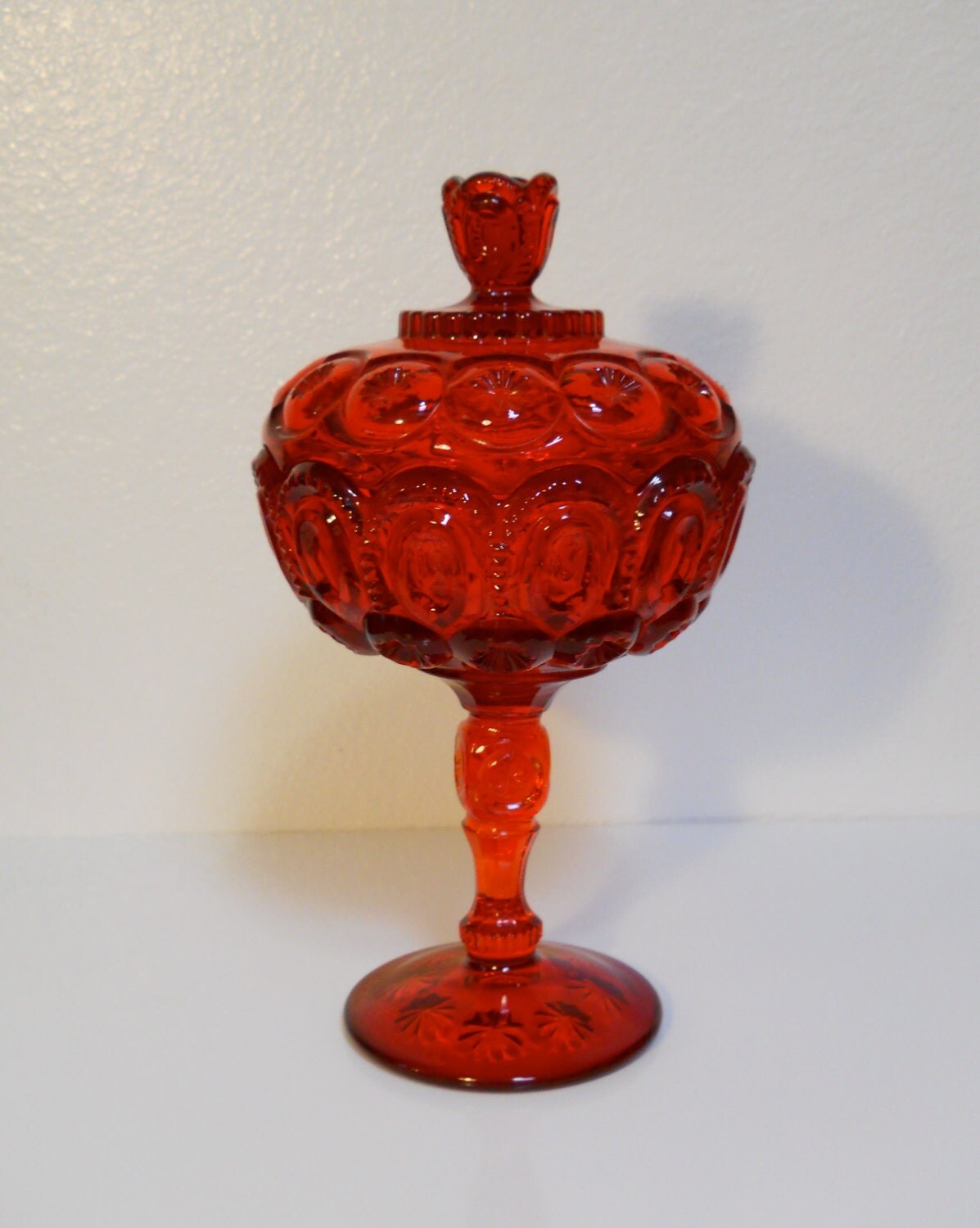 Ruby Red Glass Pedestal Candy Dish and Lid Moon and Stars