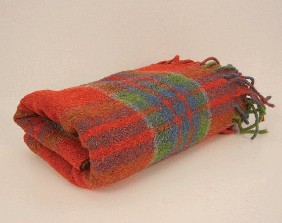 Vintage Wool Blanket / Red Blue Green Fringed by zestvintage