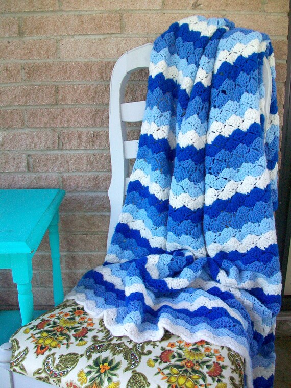Chevron Crochet Afghan Stripes Blue White Crochet Afghan