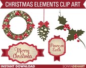 50% OFF SALE Clipart Christmas Wreath Tag Mistletoe Holly Set Instant Download Royalty Free Il_170x135