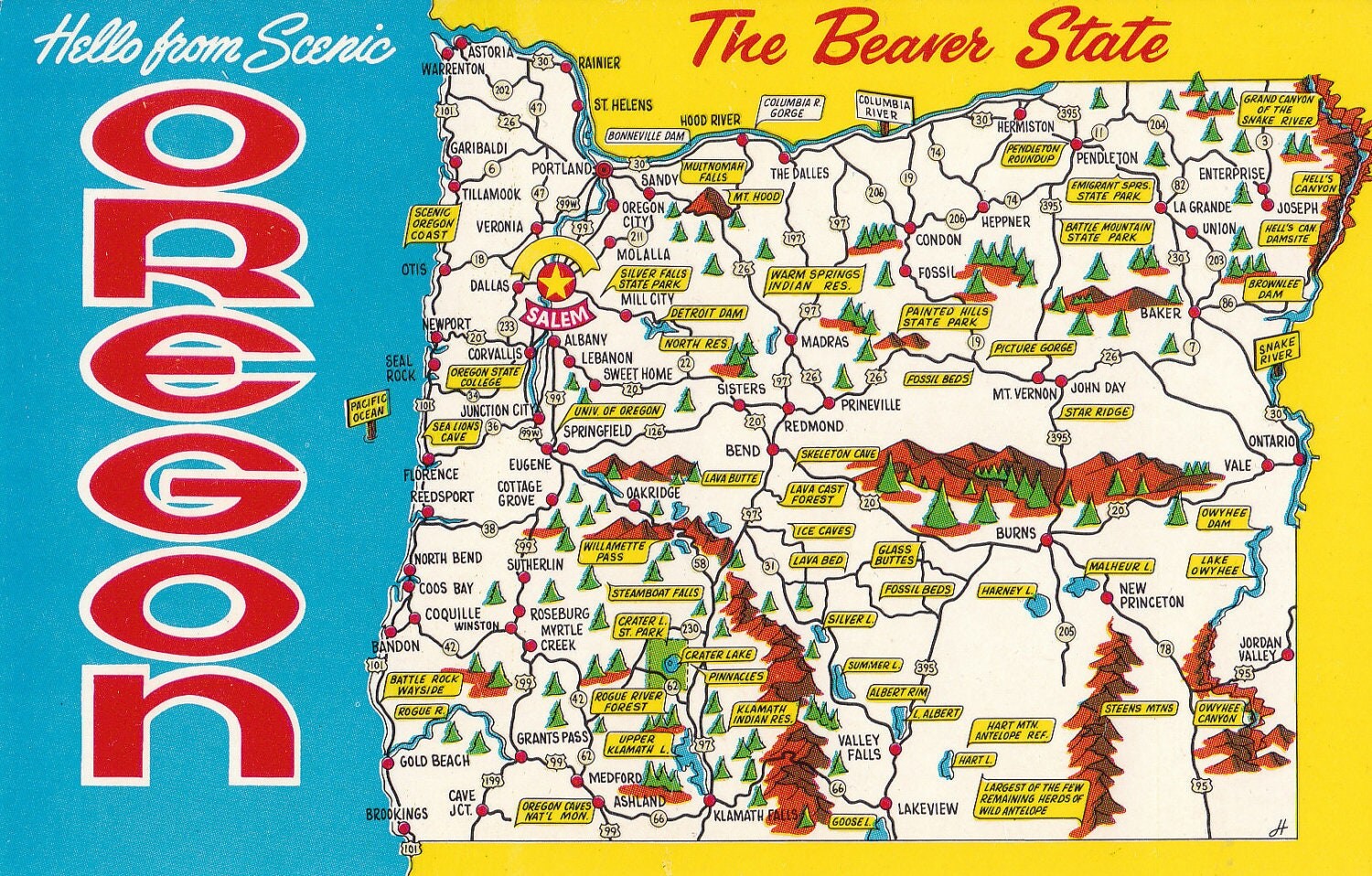 Vintage Hello from Scenic Oregon postcard with map The Beaver