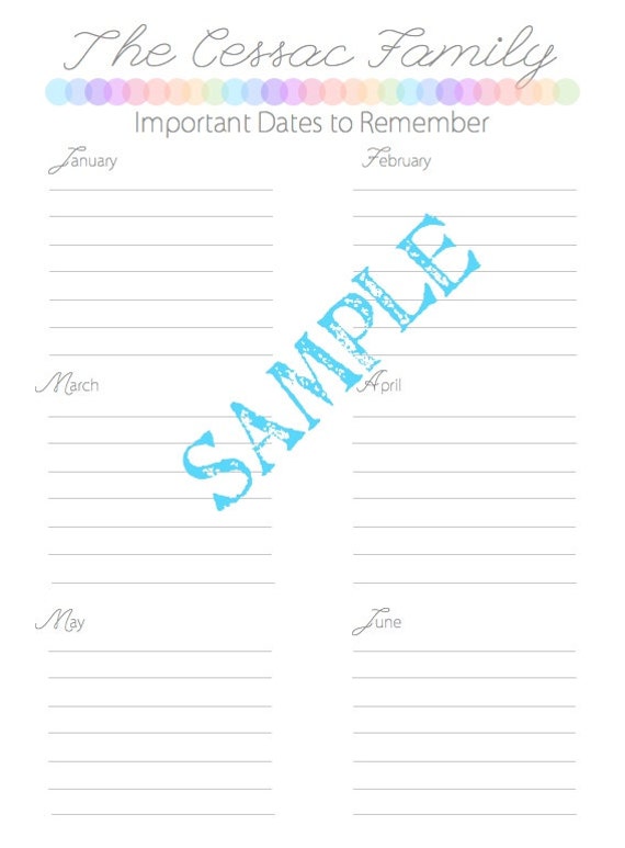 Personalized List of Important Dates for by inbetweenlaundry