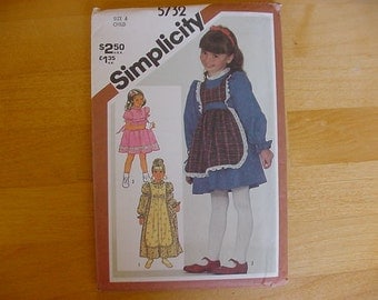 UNCUT 1980's Simplicity 5732 Young Girls Dress & Pinafore, 2 Lengths, 3 Styles, Variations, Size 6