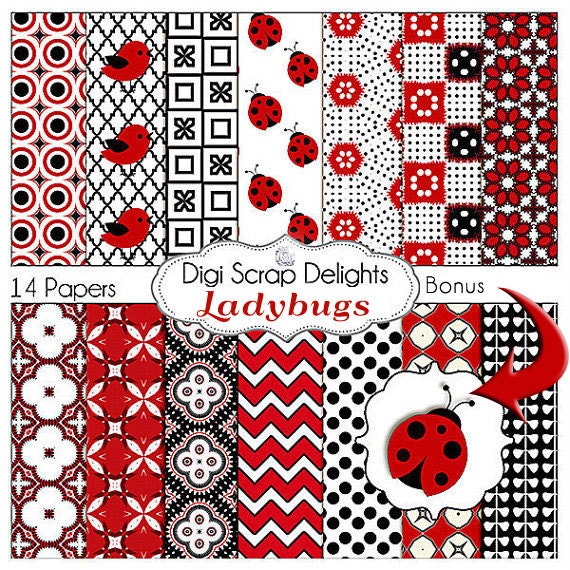 Ladybug Digital Papers Red Black for Digital Scrapbooking