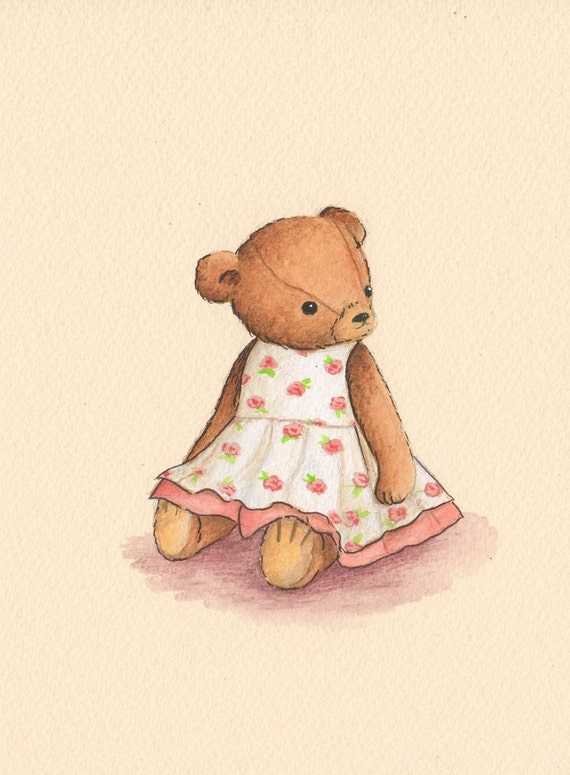 Emma Teddy Bear  print from an original watercolor illustration by Irene Owens