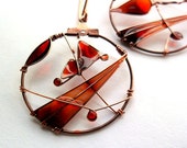 Fall colored bronze earrings, butterfly and fall leaves, wire wrapped autumn landscape earrings