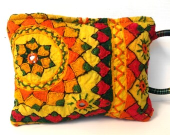 Pochette sac Bohème boho Gypsy / Bohemian Indian embroidered bag yellow and orange