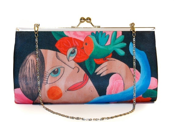 Fly, Clutch Large, party-ready, red, pink, flowers, green bird, girl