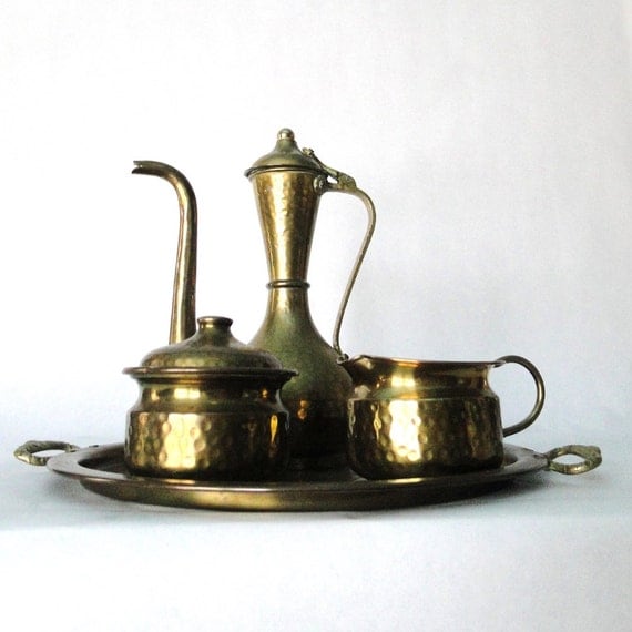 Vintage Tea Set Hammered Brass India Serving Tray Moroccan Tea