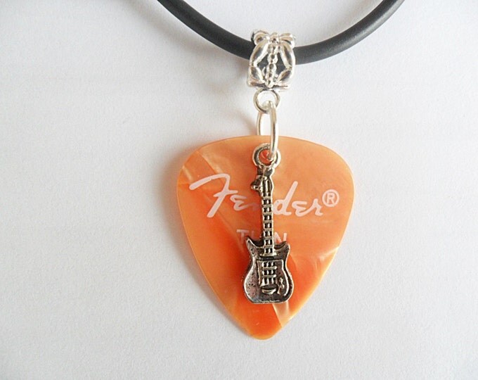 Orange Fender Guitar pick necklace with guitar charm that is adjustable from 18" to 20"