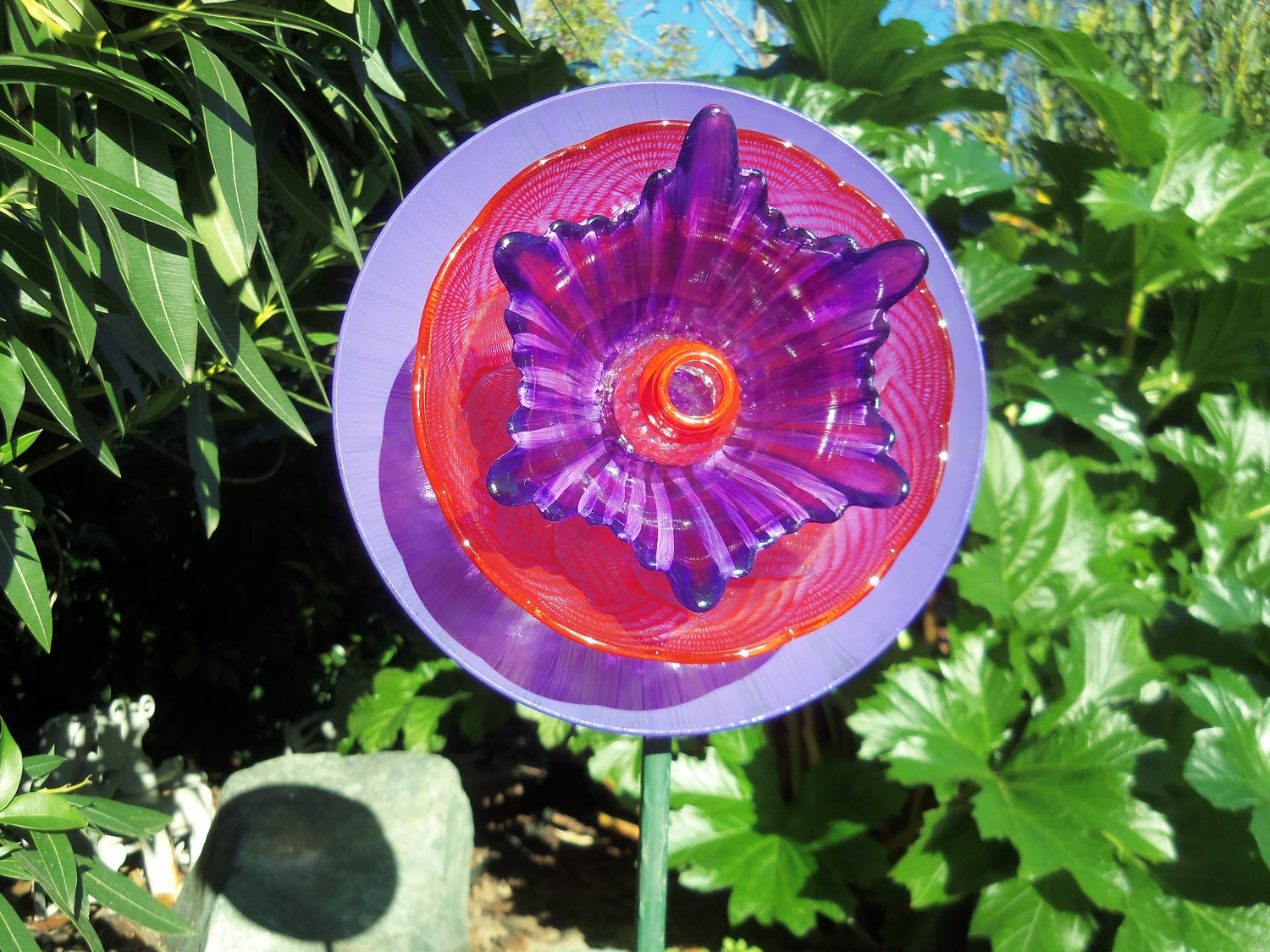 Glass Flower Garden Art Hand Painted in Violet Purple & Red