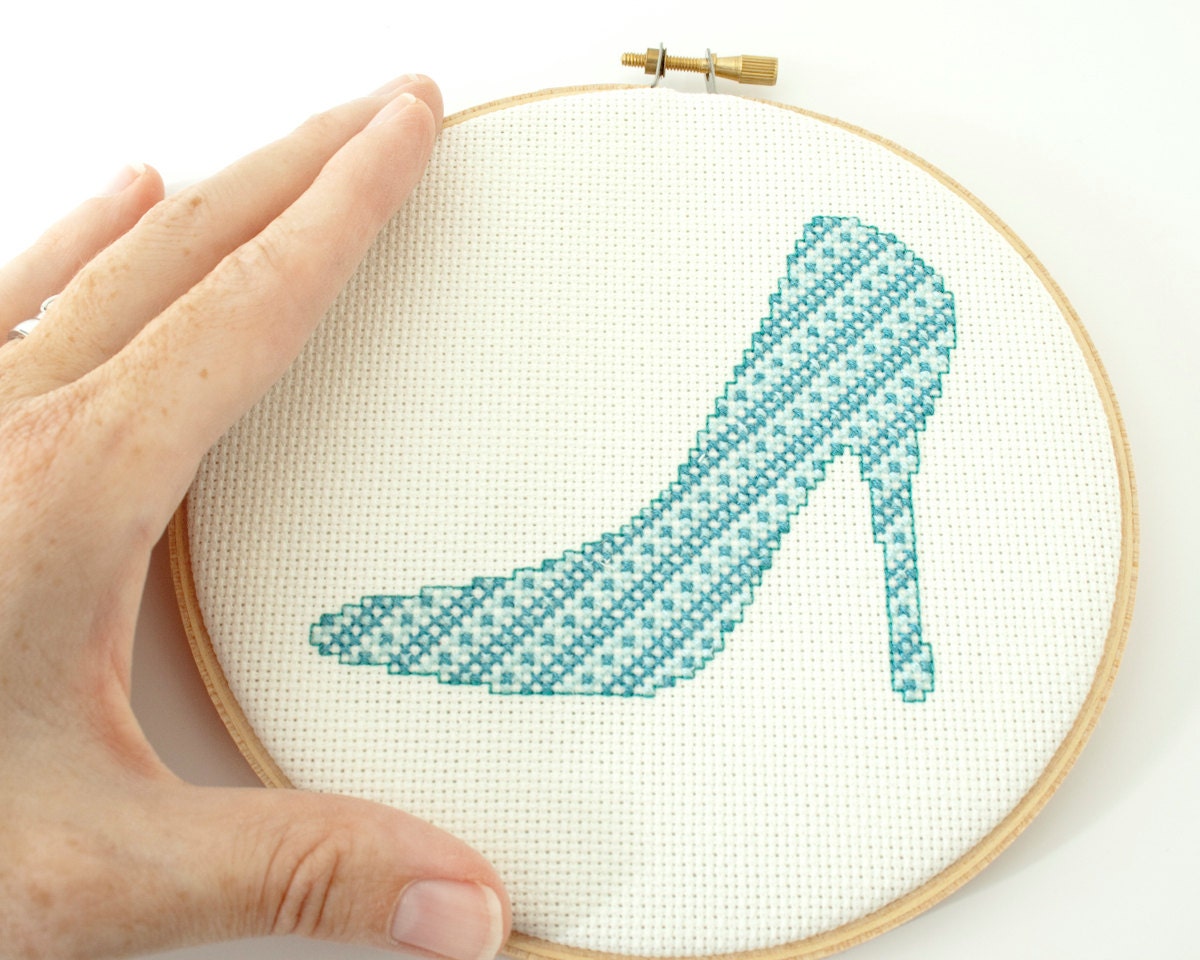 Modern cross stitch pattern PDF Sassy Blue Shoe Fashion