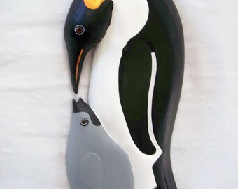 Hand carved and painted wood Penguin with baby ,wall sculpture by Randy & Elaine Fisher ,FISHER WILDLIFE