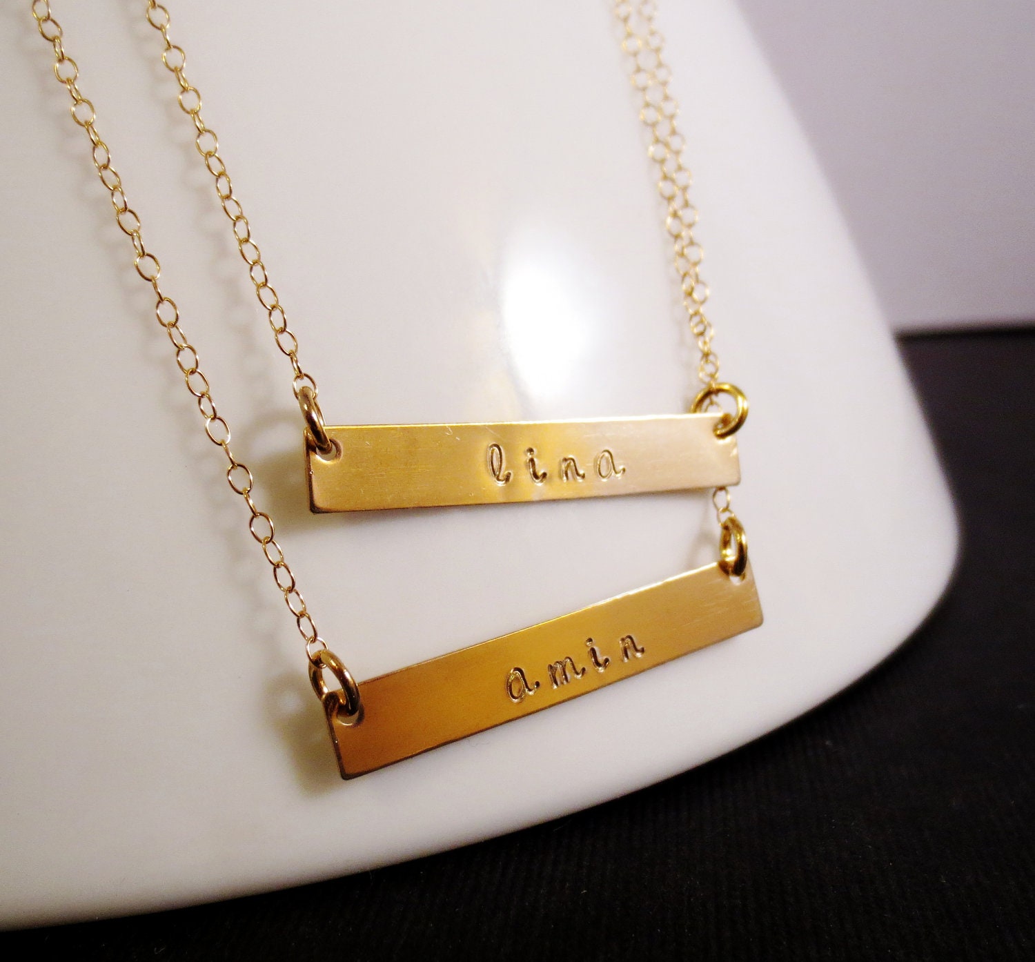 Personalized Double Gold Bar Layered Necklace Two Rectangle