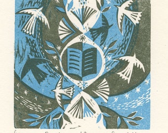Books and Doves - Woodcut Print