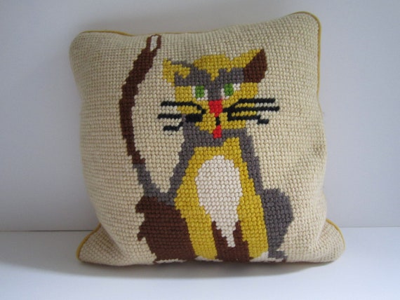 Vintage Needlepoint Cat Pillow