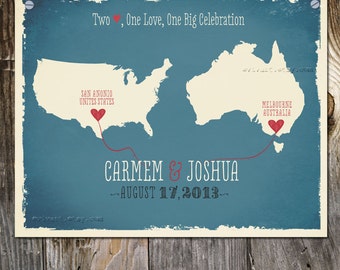 USA Australia Custom Wedding Print Destination Wedding Gift Memento Marriage Couple print alternative Signature Guest Books Wedding Map
