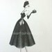 Fashion Illustration Art 1950s Cocktail Dress and Feather Hat Decor