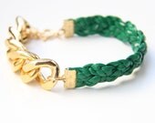 Arm candy - Gold Extra chunky chain with Green leather braid Bracelet - 24k gold plated