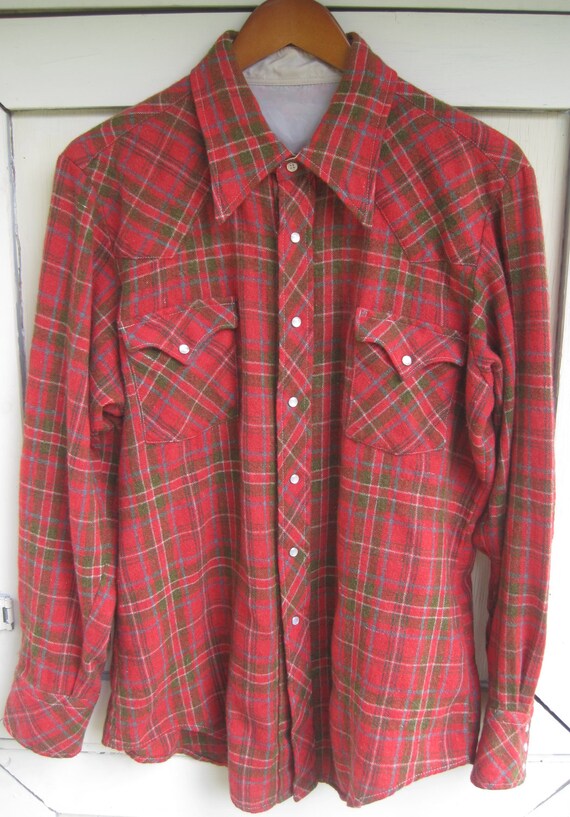 Vintage cowboy western plaid shirt Red White and Green